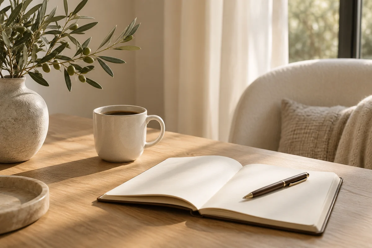 A sunlit table with a notebook and coffee, ready for a conversation
